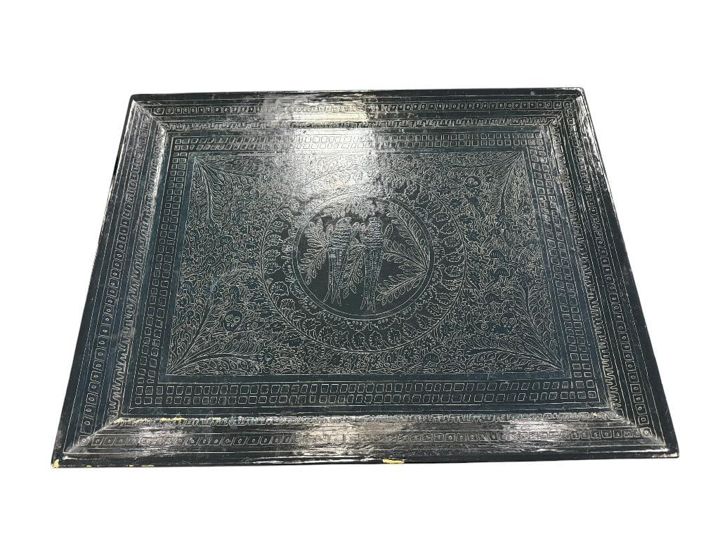 VINTAGE PERSIAN / MIDDLE EAST RECTANGULAR TRAY WITH CARVED FLORAL AND BIRD MOTIF: BLACK LACQUERED FINISH HAS SOME LIGHT WEAR 26 1/2" X 20 1/2"