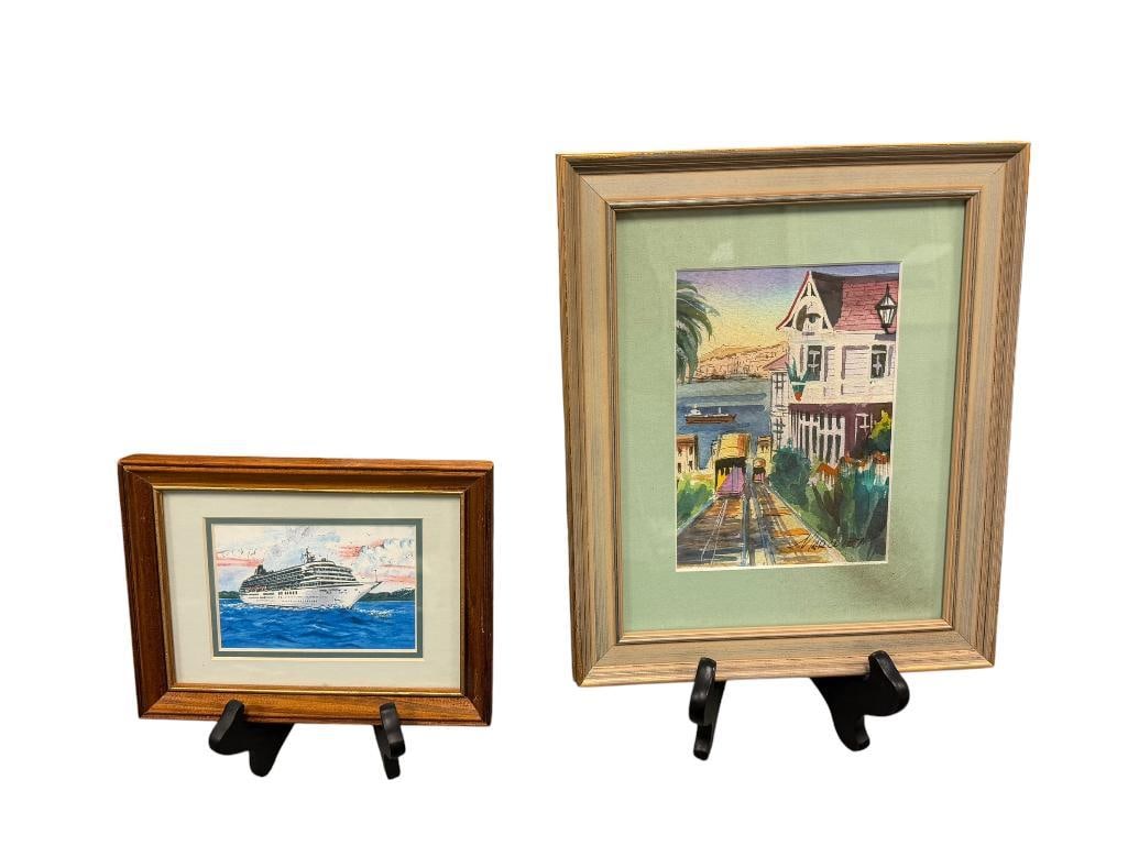 MARCOLETA ORIGINAL WATERCOLOR CHILEAN LANDSCAPE AND MINIATURE PRINT OF A CRUISE SHIP (1 of 10)