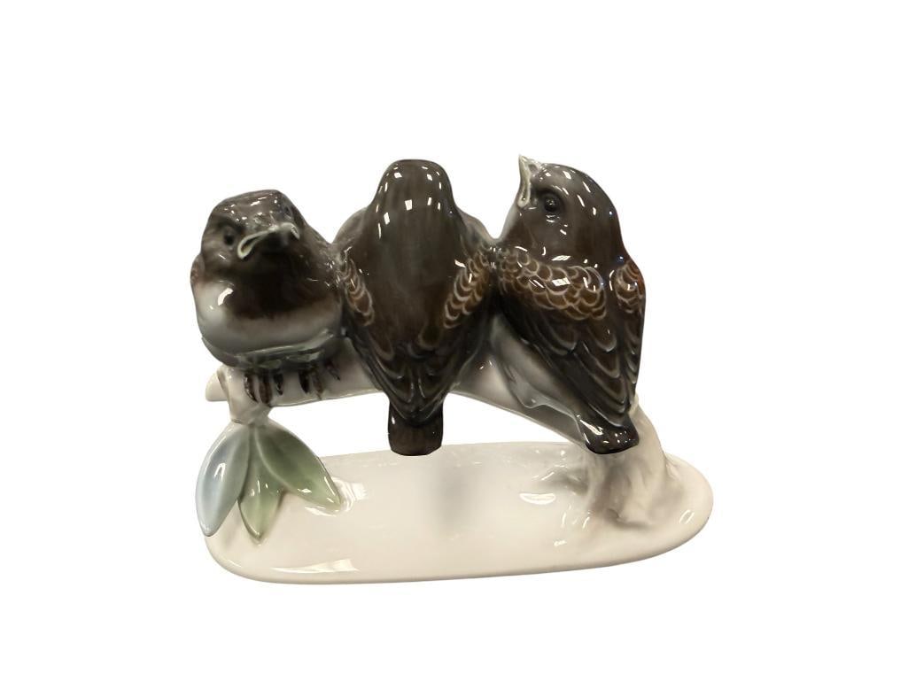 VINTAGE ROSENTHAL PORCELAIN FIGURINE OF THREE PERCHED SPARROWS DESIGNED BY KARL HIMMELSTOSS: HAND PAINTED FIGURINE, NO. 1531, MADE IN GERMANY, NO DAMAGE OR REPAIRS, UNDERSIDE OF BRANCH NEAR LEAVES GLAZE IS RAW / UNFINISHED 4 1/2" H