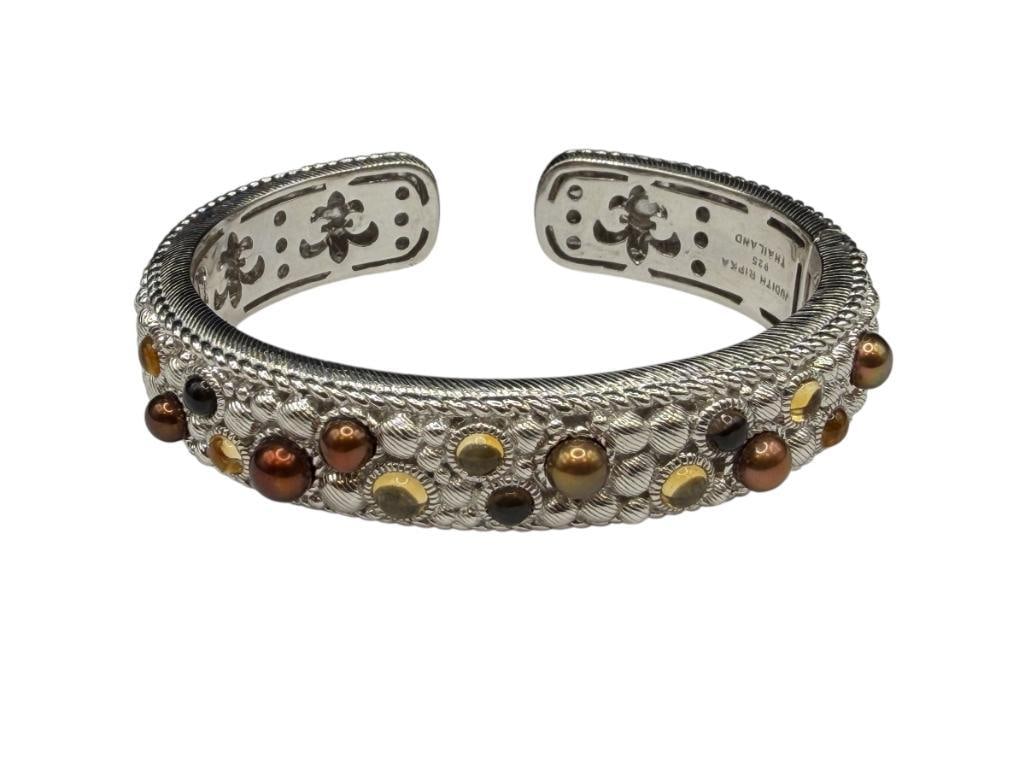 STERLING SILVER JUDITH RIPKA DESIGNER SIGNED PEARL AND GEMSTONE ACCENTED HINGED CUFF BRACELET (1 of 6)