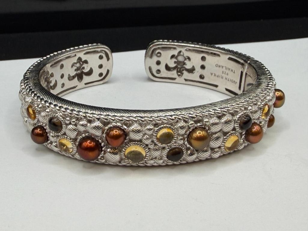 STERLING SILVER JUDITH RIPKA DESIGNER SIGNED PEARL AND GEMSTONE ACCENTED HINGED CUFF BRACELET - 2