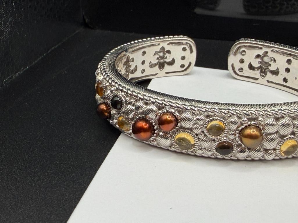 STERLING SILVER JUDITH RIPKA DESIGNER SIGNED PEARL AND GEMSTONE ACCENTED HINGED CUFF BRACELET - 3