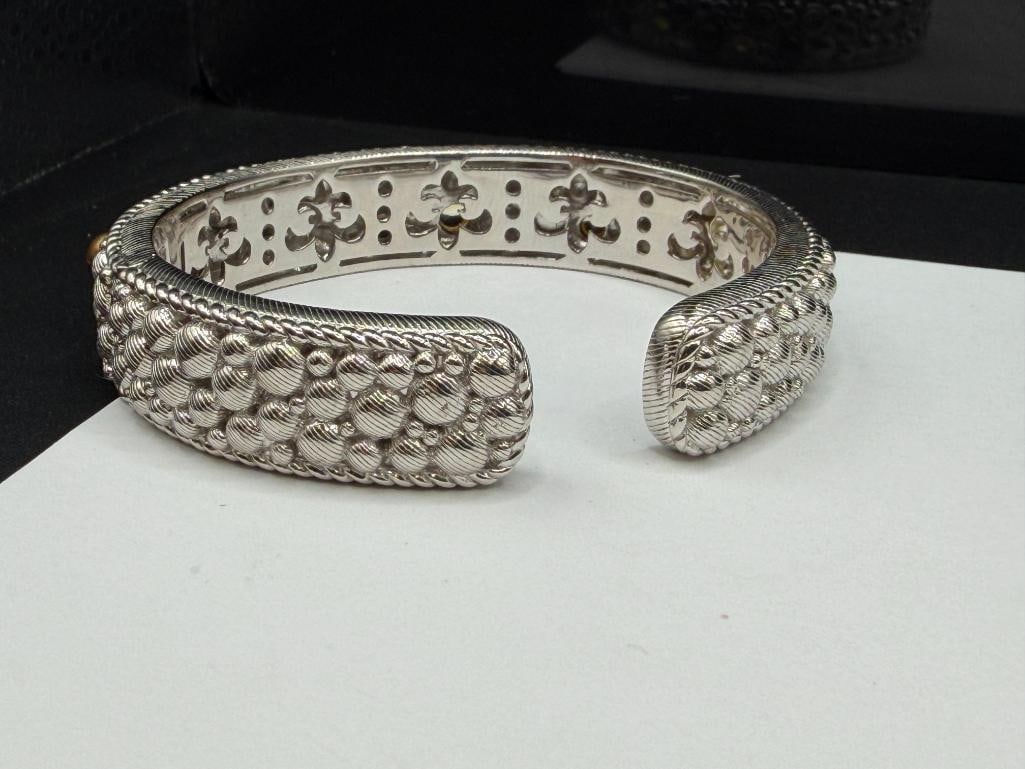 STERLING SILVER JUDITH RIPKA DESIGNER SIGNED PEARL AND GEMSTONE ACCENTED HINGED CUFF BRACELET - 4