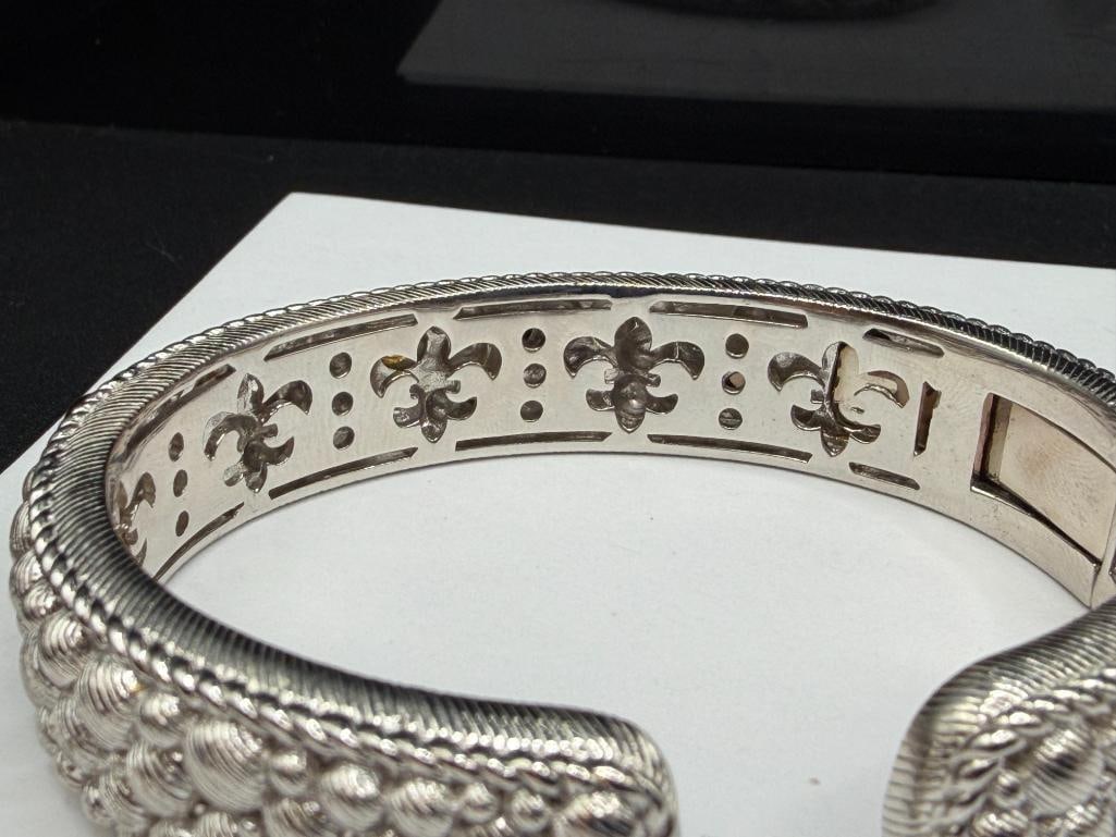 STERLING SILVER JUDITH RIPKA DESIGNER SIGNED PEARL AND GEMSTONE ACCENTED HINGED CUFF BRACELET - 5