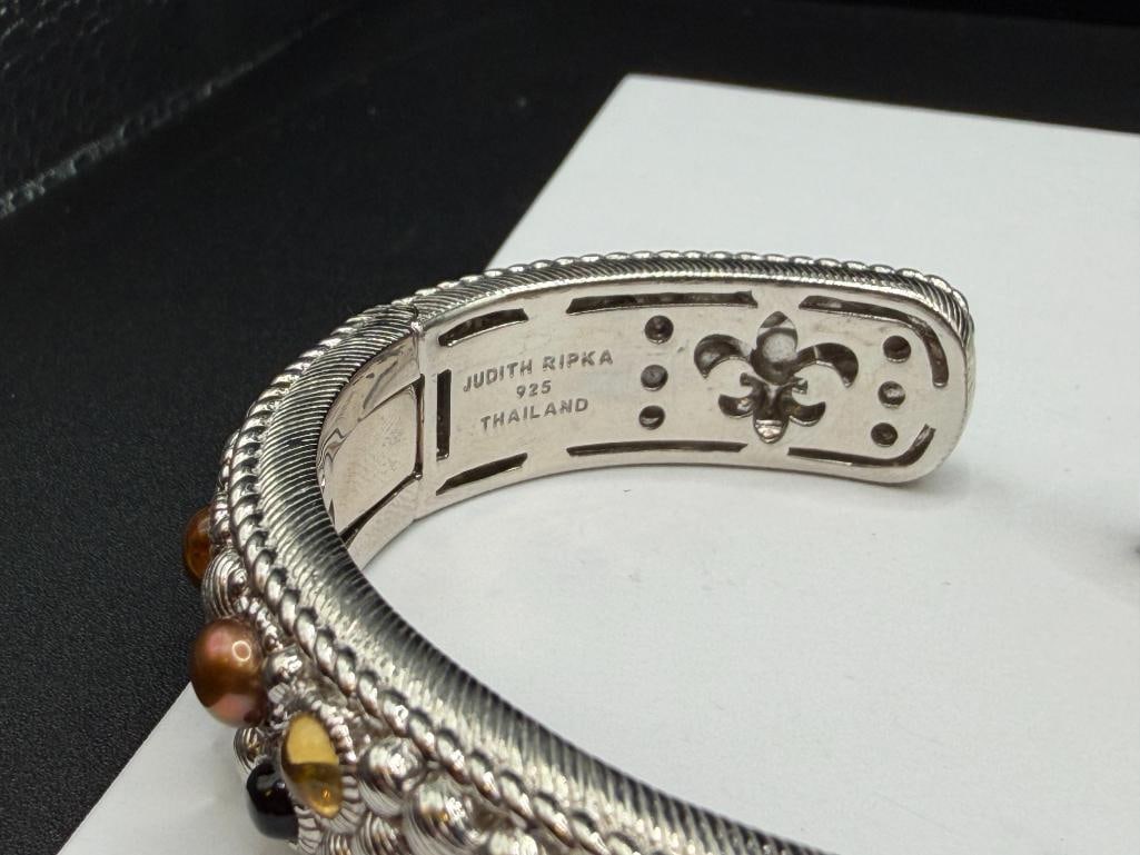 STERLING SILVER JUDITH RIPKA DESIGNER SIGNED PEARL AND GEMSTONE ACCENTED HINGED CUFF BRACELET - 6
