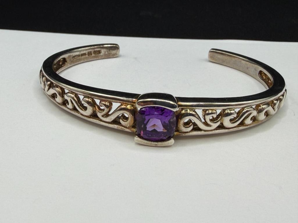 STERLING SILVER BRILLIANT CUT AMETHYST CUFF BRACELET FEATURING PIERCED SCROLL DESIGN - 2