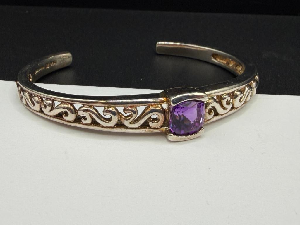 STERLING SILVER BRILLIANT CUT AMETHYST CUFF BRACELET FEATURING PIERCED SCROLL DESIGN - 3
