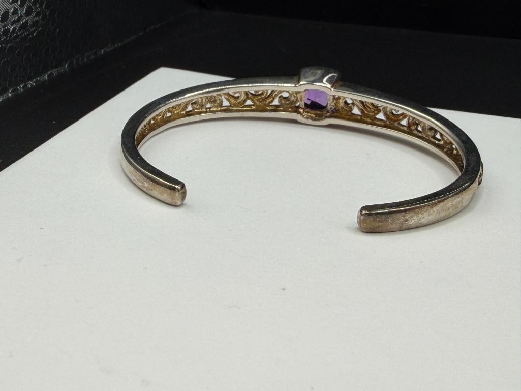 STERLING SILVER BRILLIANT CUT AMETHYST CUFF BRACELET FEATURING PIERCED SCROLL DESIGN - 4