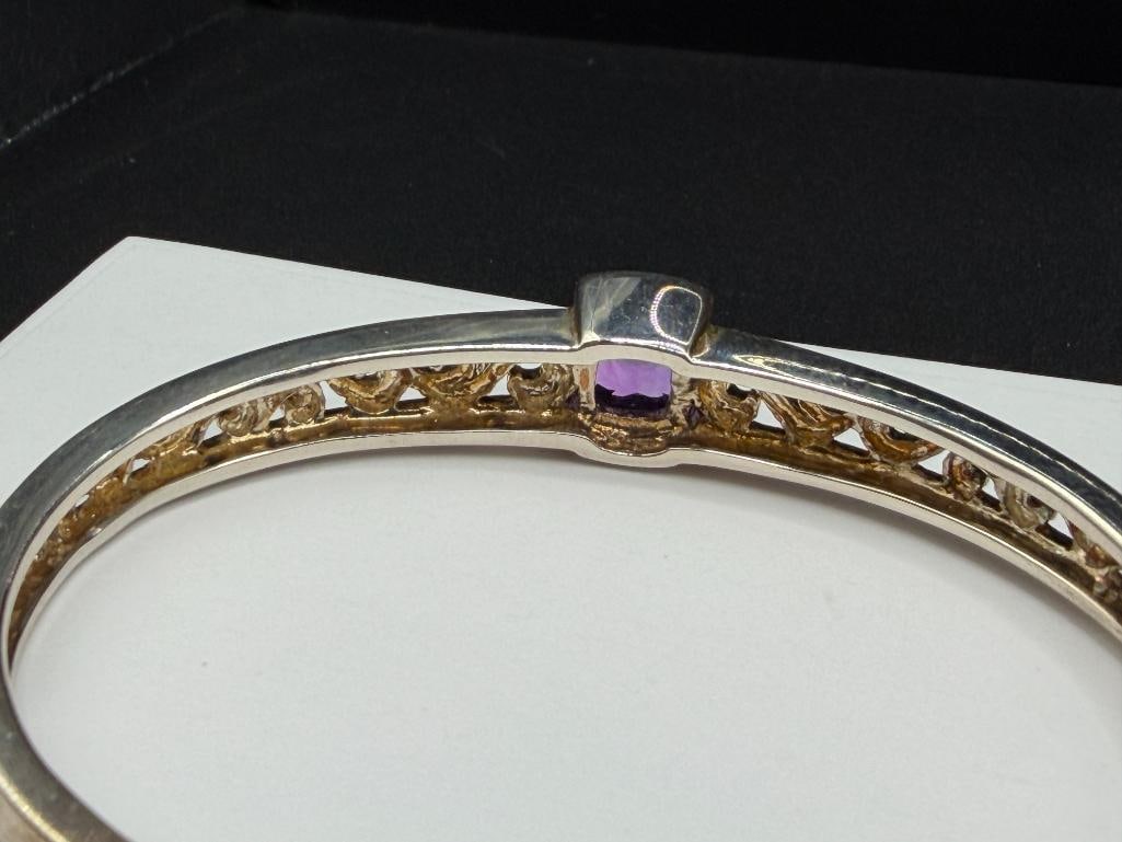 STERLING SILVER BRILLIANT CUT AMETHYST CUFF BRACELET FEATURING PIERCED SCROLL DESIGN - 5