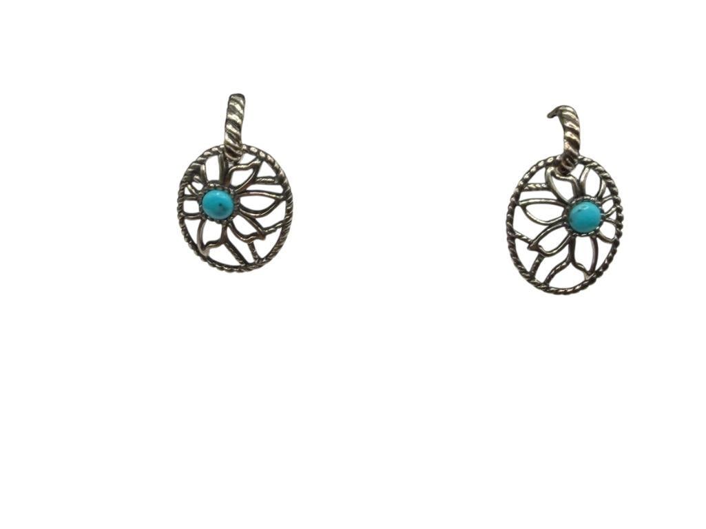 CAROLN POLLACK DESIGNER SIGNED STERLING SILVER TURUQOISE DANGLE EARRINGS: STERLING SILVER BACKS, ROUND CABOCHON TURQUOISE SET IN CENTER OF PIERCED FLORAL DESIGN EARRINGS 1 3/8", 4MM TURQUOISE, 7.00 GRAMS