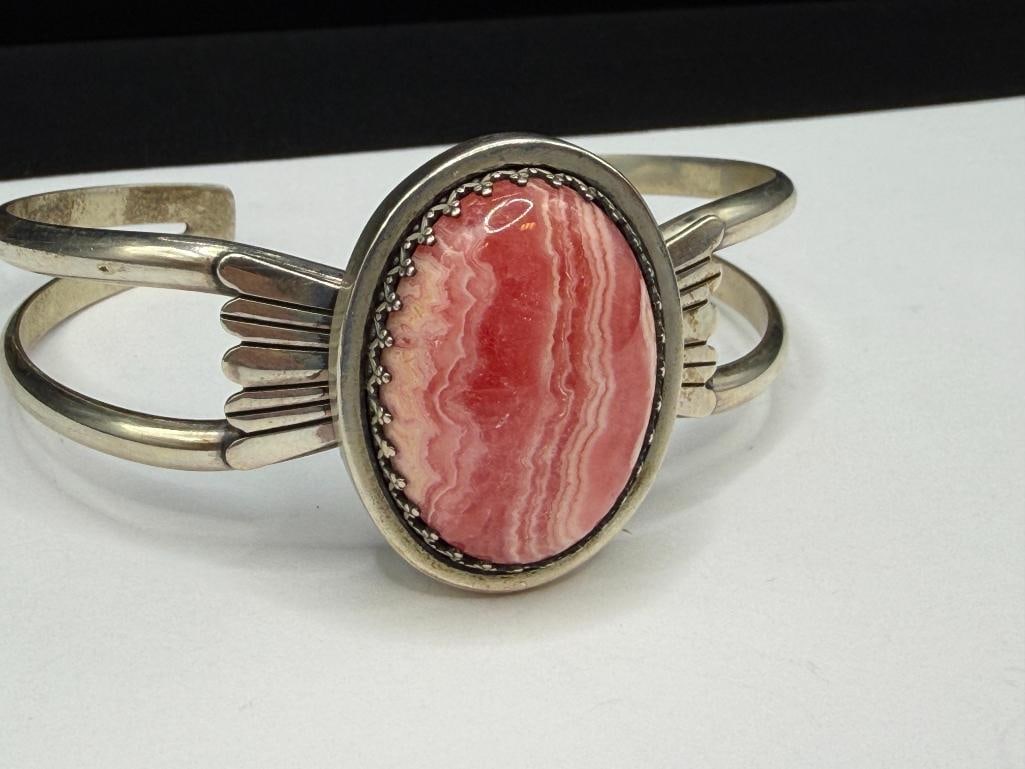 CAROLYN POLLACK DESIGNER SIGNED STERLING SILVER RHODOCHROSITE CUFF BRACELET - 2