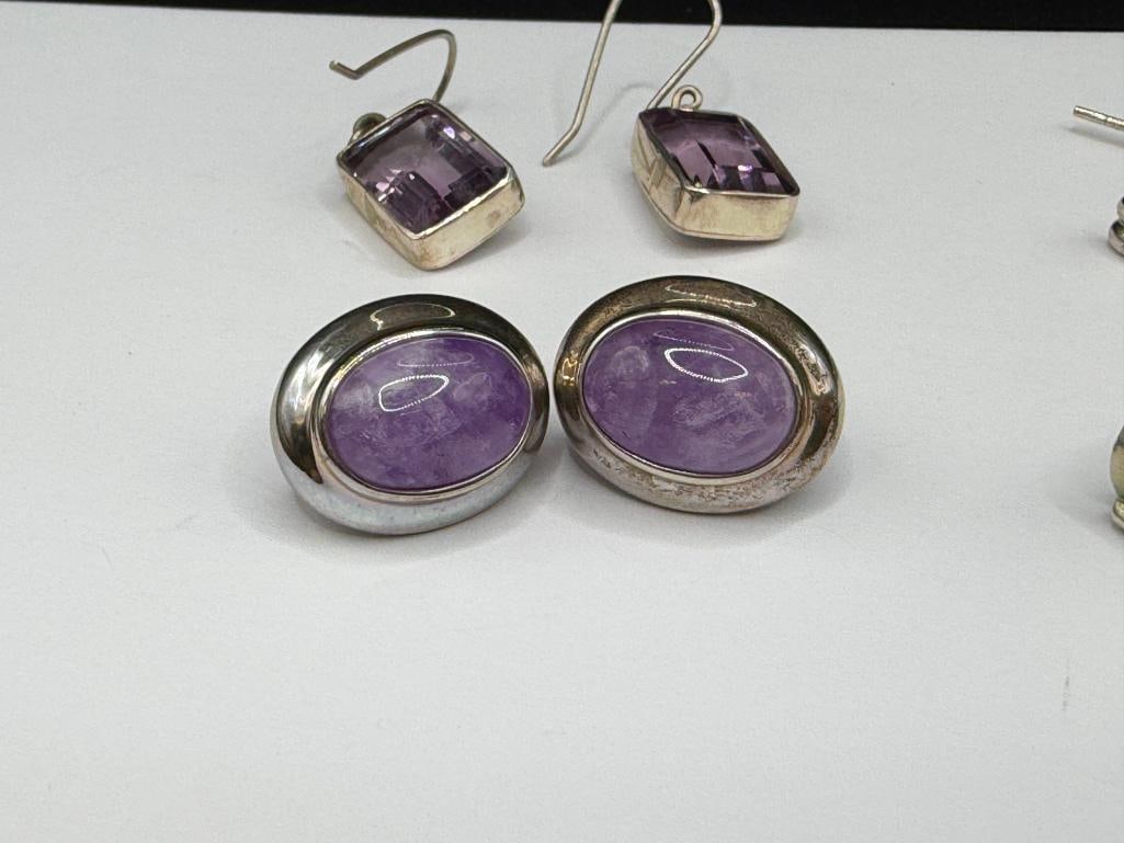 FOUR PAIRS OF STERLING SILVER AMETHYST FASHION EARRINGS - 2