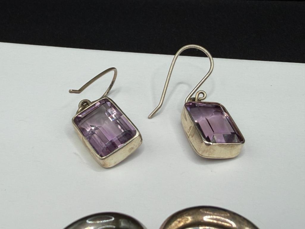 FOUR PAIRS OF STERLING SILVER AMETHYST FASHION EARRINGS - 3