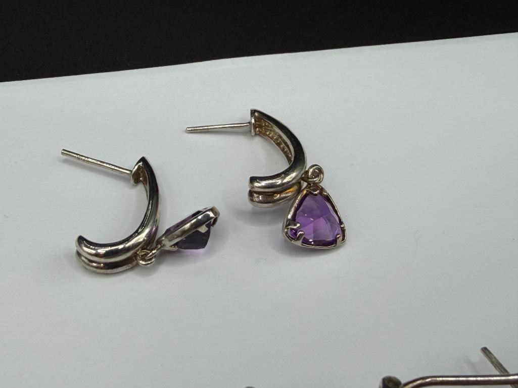 FOUR PAIRS OF STERLING SILVER AMETHYST FASHION EARRINGS - 4