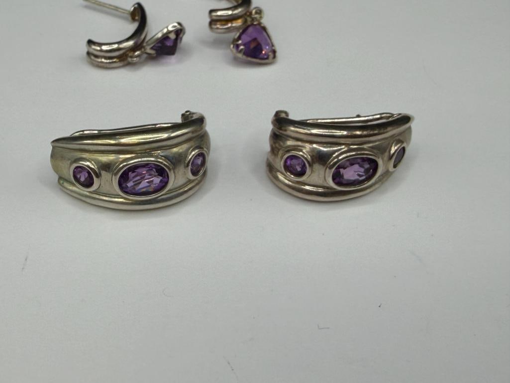 FOUR PAIRS OF STERLING SILVER AMETHYST FASHION EARRINGS - 5