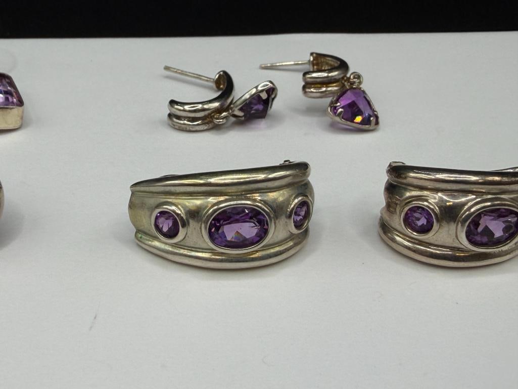 FOUR PAIRS OF STERLING SILVER AMETHYST FASHION EARRINGS - 6