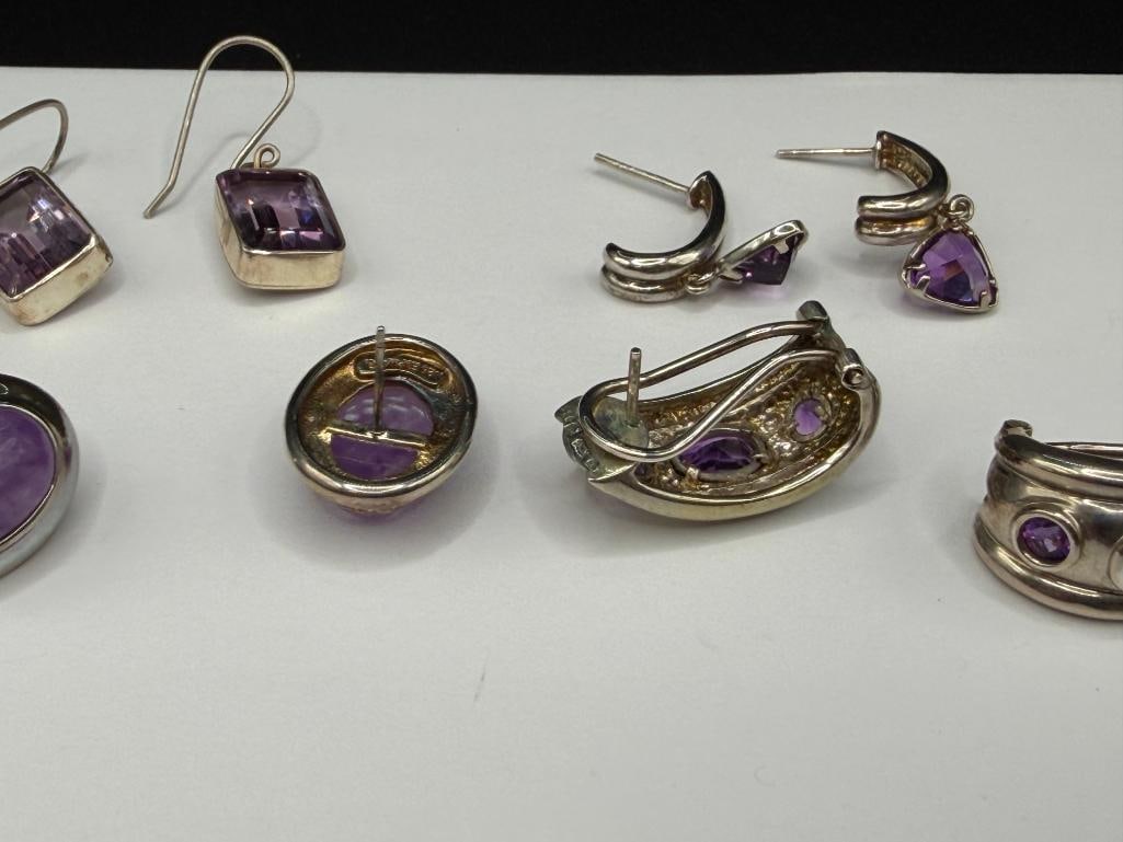 FOUR PAIRS OF STERLING SILVER AMETHYST FASHION EARRINGS - 7