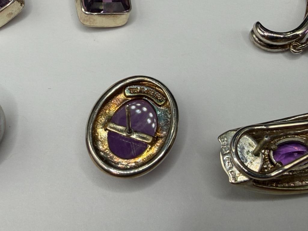 FOUR PAIRS OF STERLING SILVER AMETHYST FASHION EARRINGS - 8
