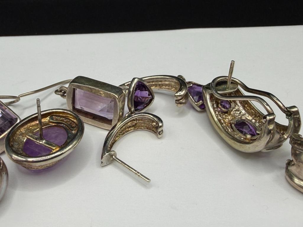 FOUR PAIRS OF STERLING SILVER AMETHYST FASHION EARRINGS - 9