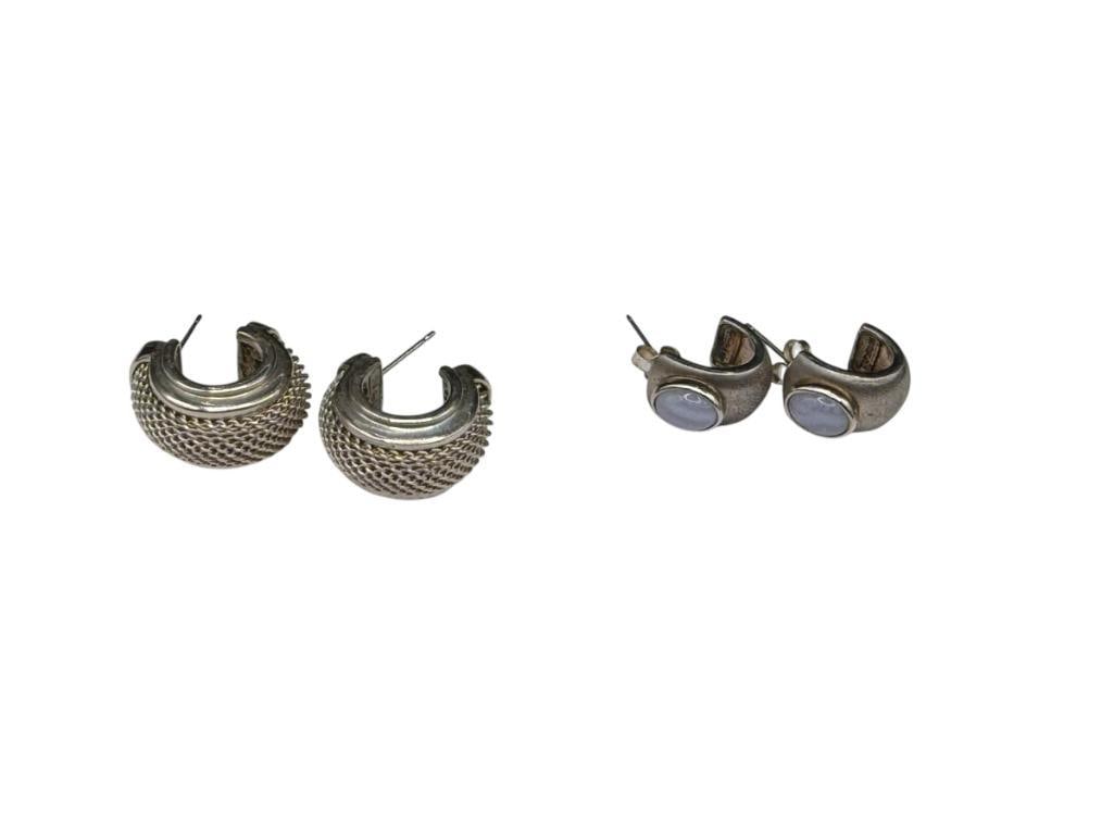 TWO PAIRS OF STERLING SILV ERHOOP EARRINGS INCLUDING CABOCHON MOONSTONE EARRINGS: OTHER PAIR FEATURES A MESH DESIGN, ONLY ONE PAIR OF STERLING SILVER BACKS INCLUDED 24.37 GRAMS, LARGEST ARE 7/8"