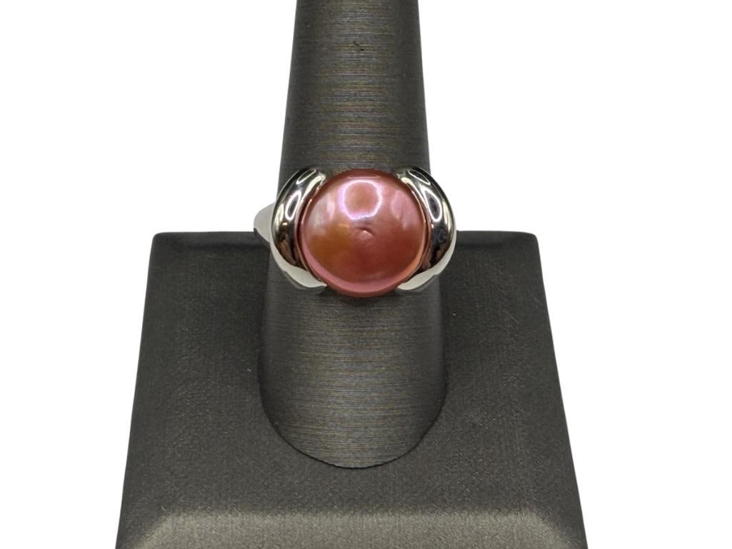 HONORA DESIGNER SIGNED STERLING SILVER DYED PINK PEARL FASHION RING: HAS FLAW IN CENTER OF PEARL SIZE 9, 10.84 GRAMS, 14MM PEARL
