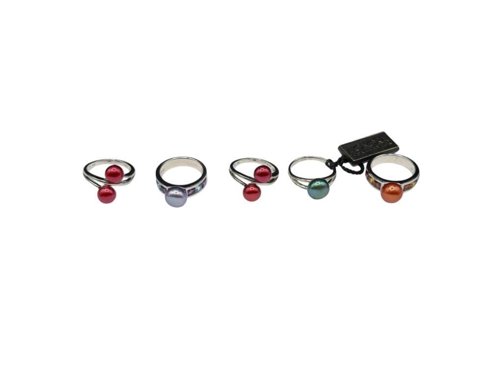 FIVE HONORA DESIGNER SIGNED STERLING SILVER DYED PEARL FASHION RINGS: FEATURING RED, GREEN, ORANGE, AND PURPLE DYED PEARLS, ACCENTED BY SIMULATED GEMSTONES VARIOUS SIZES, UP TO 10MM PEARLS, 28 GRAMS
