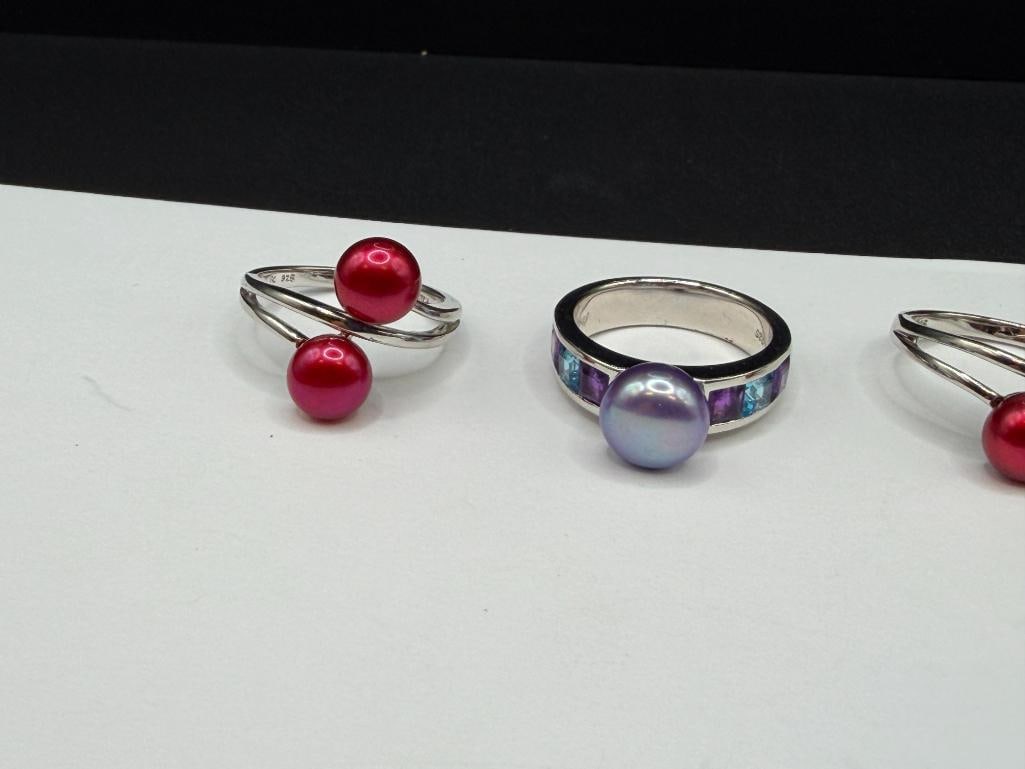 FIVE HONORA DESIGNER SIGNED STERLING SILVER DYED PEARL FASHION RINGS - 2