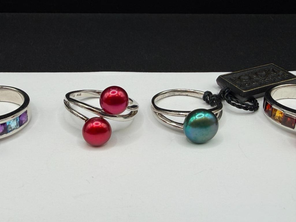 FIVE HONORA DESIGNER SIGNED STERLING SILVER DYED PEARL FASHION RINGS - 3