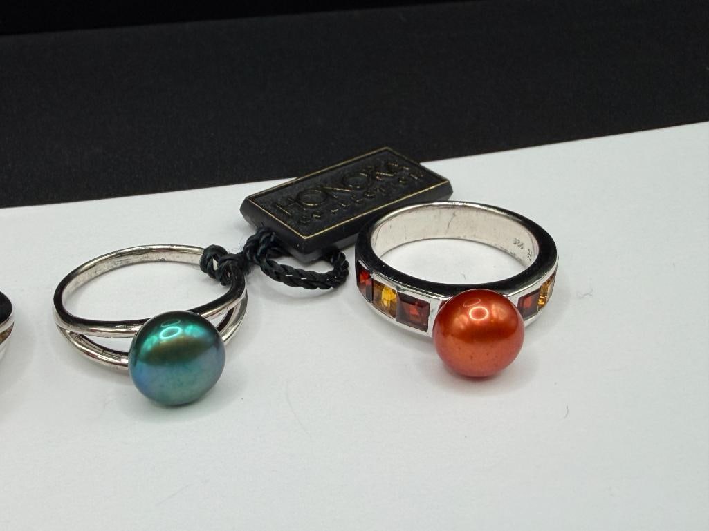 FIVE HONORA DESIGNER SIGNED STERLING SILVER DYED PEARL FASHION RINGS - 4