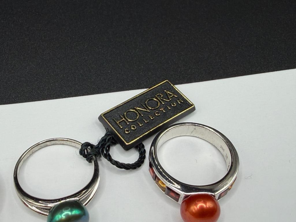 FIVE HONORA DESIGNER SIGNED STERLING SILVER DYED PEARL FASHION RINGS - 5