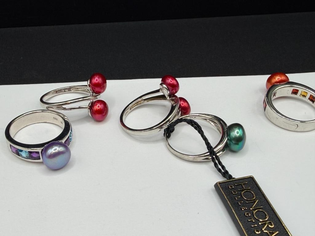 FIVE HONORA DESIGNER SIGNED STERLING SILVER DYED PEARL FASHION RINGS - 6