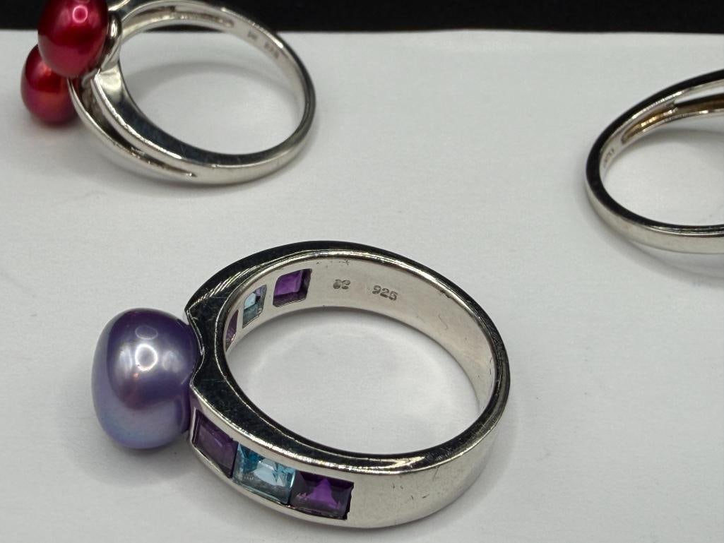 FIVE HONORA DESIGNER SIGNED STERLING SILVER DYED PEARL FASHION RINGS - 7
