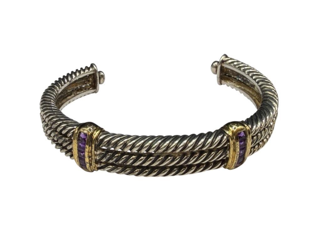 STERLING SILVER AMETHYST TRIPLE BAND CABLE DESIGN TWO-TONE CUFF BRACELET: PRINCESS CUT AMETHYST SET IN GOLD TONE STERLING SILVER 2 5/8" CUFF WRIST WIDTH X 5/8" FRONT, 34.77 GRAMS, 2MM AMETHYST