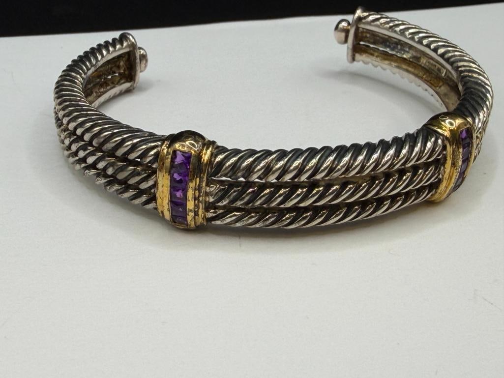 STERLING SILVER AMETHYST TRIPLE BAND CABLE DESIGN TWO-TONE CUFF BRACELET - 2