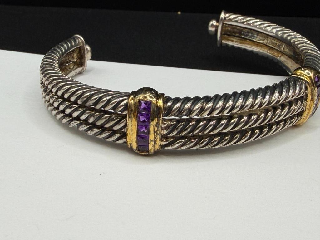 STERLING SILVER AMETHYST TRIPLE BAND CABLE DESIGN TWO-TONE CUFF BRACELET - 3