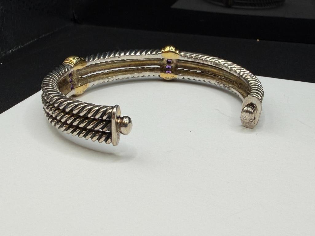 STERLING SILVER AMETHYST TRIPLE BAND CABLE DESIGN TWO-TONE CUFF BRACELET - 4