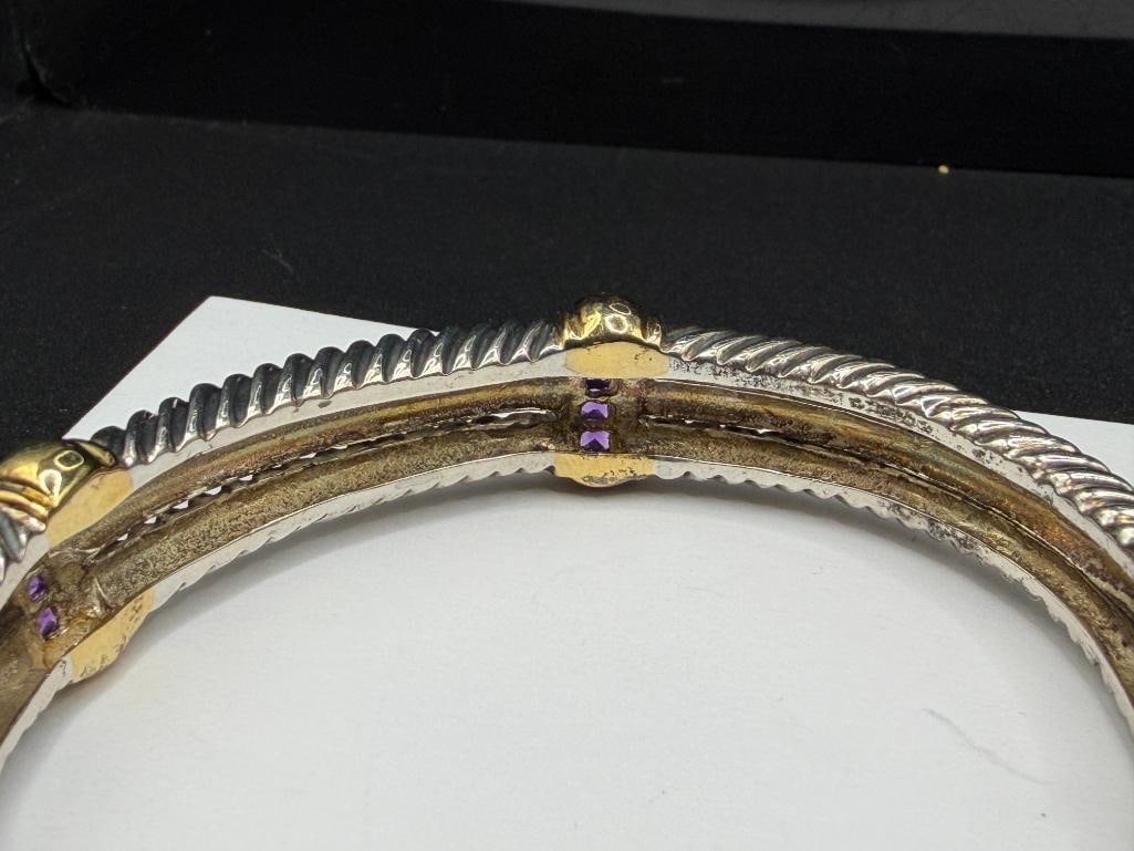STERLING SILVER AMETHYST TRIPLE BAND CABLE DESIGN TWO-TONE CUFF BRACELET - 5