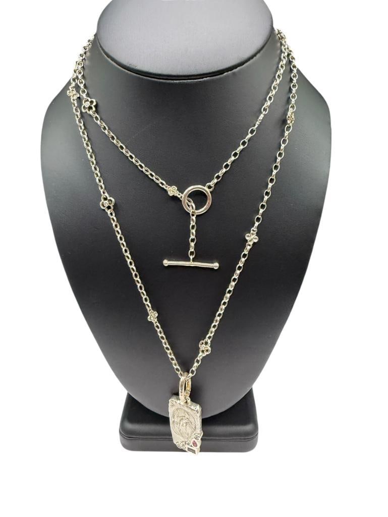 STERLING SILVER GREEK GOD GEMSTONE AND CZ PENDANT ON STERLING SILVER LINK NECKLACE: DESIGNER HALLMARKED ON TOGGLE CLASP AND BACK OF PENDANT 36" NECKLACE, 1 7/8" PENDANT, 30.08 GRAMS TOTAL