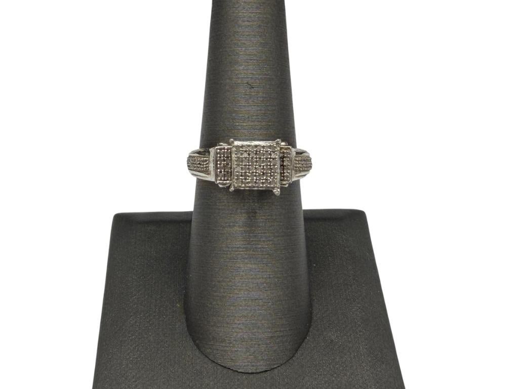 STERLING SILVER DIAMOND PAVED RING FEATURING MORE THAN 50 ROUND CUT DIAMONDS: SIZE 7, 3/8" FRONT, 1MM DIAMONDS, 3.93 GRAMS