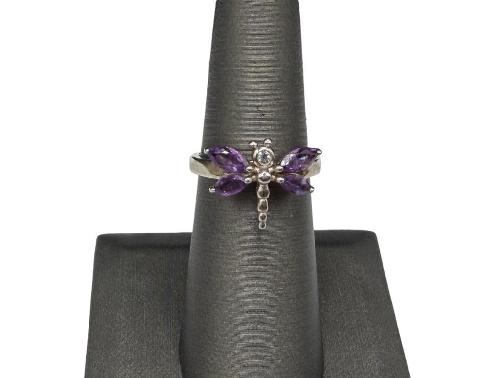 STERLING SILVER MARQUISE AMETHYST DRAGONFLY RING: FEATURING FOUR MARQUISE CUT AMETHYSTS, DESIGNER HALLMARKED SIZE 6, 1/2" FRONT, 3.00 GRAMS, 4MM AMETHYSTS