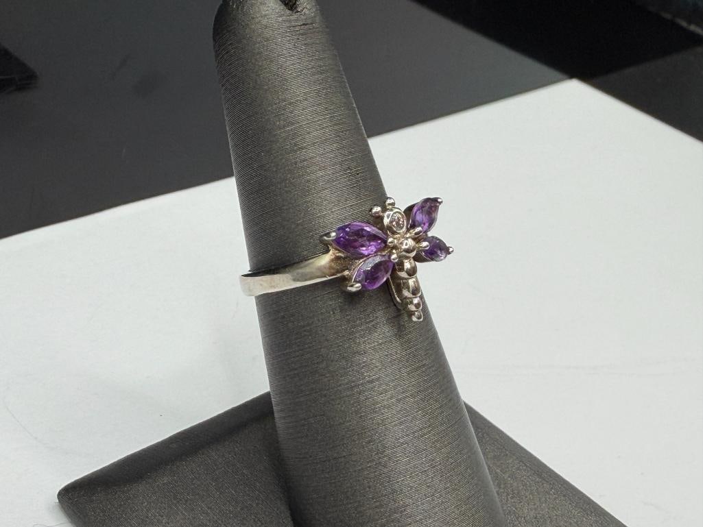 STERLING SILVER MARQUISE AMETHYST DRAGONFLY RING - 2