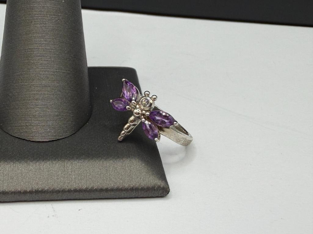 STERLING SILVER MARQUISE AMETHYST DRAGONFLY RING - 3