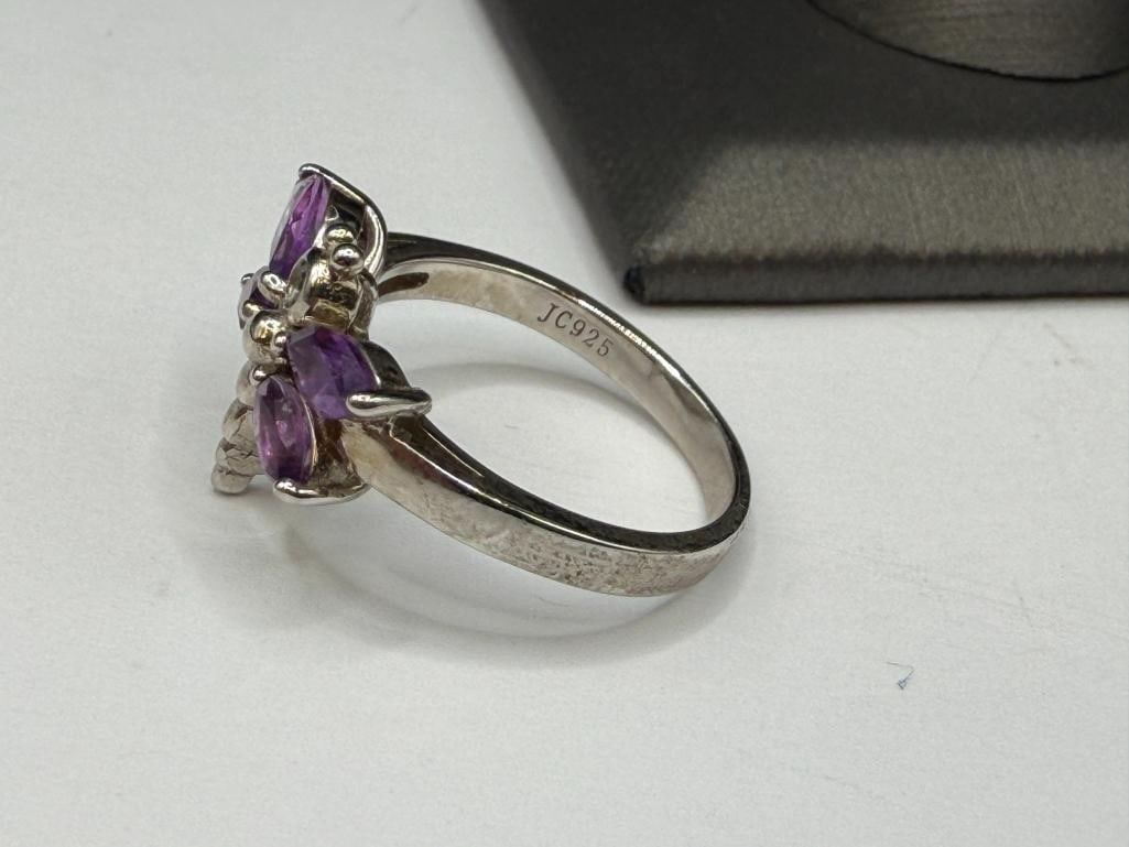 STERLING SILVER MARQUISE AMETHYST DRAGONFLY RING - 5
