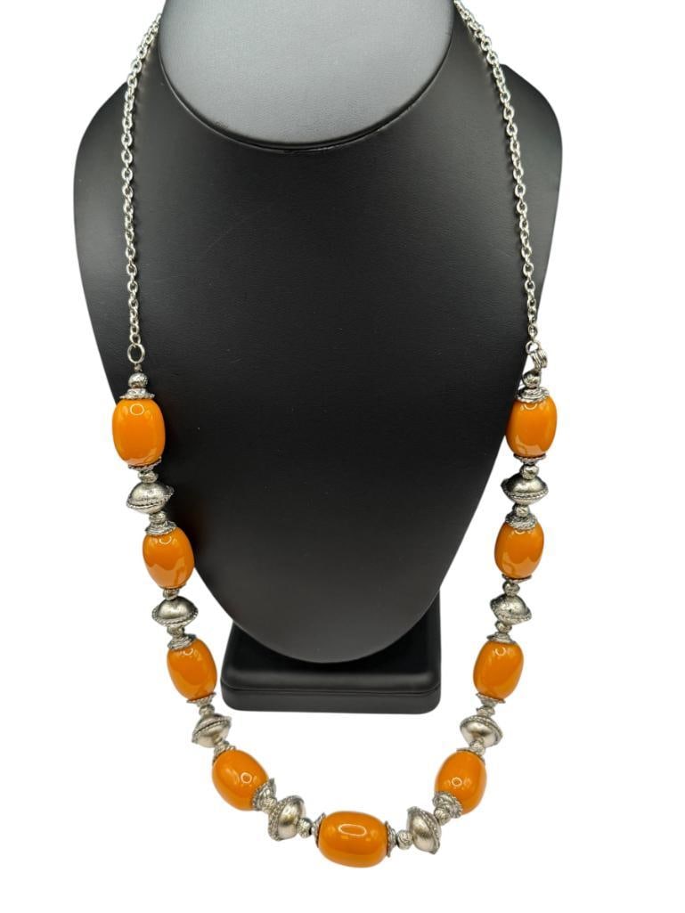SILVER TONED TIBETAN STYLE BEAD NECKLACE: FEATURING HONEY COLORED BEADS 28", 7/8" LARGEST BEADS