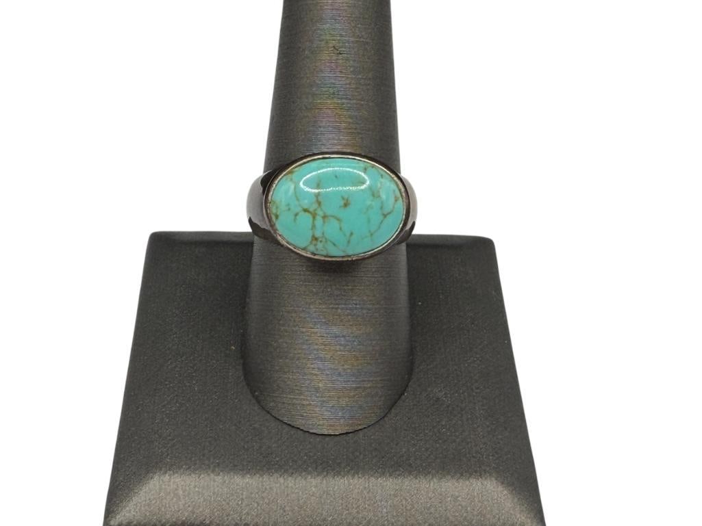 VINTAGE STERLING SILVER CHARLES WINSTON DESIGNER SIGNED RING WITH TURQUOISE INLAY AND ENAMEL ACCE...: DESIGNER HALLMARKED SIZE 9, 1/2" FRONT, 5.77 GRAMS