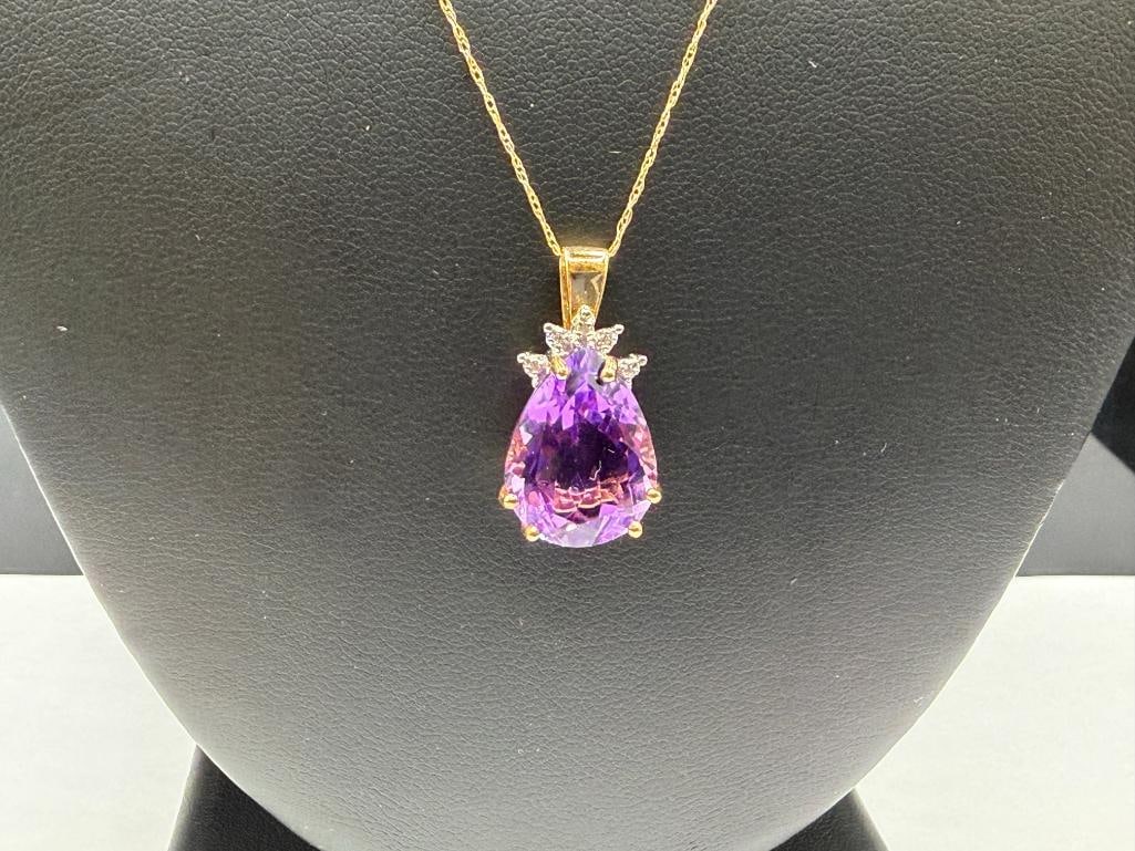10K YELLOW GOLD PEARL CUT AMETHYST AND DIAMOND PENDANT NECKLACE - 2