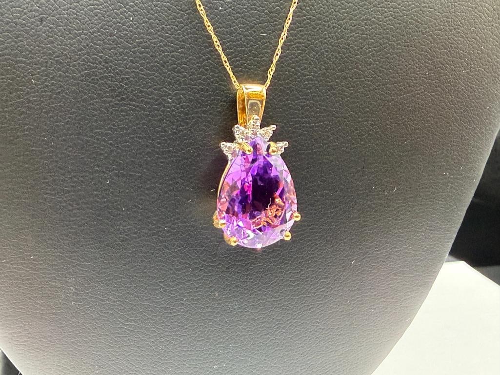 10K YELLOW GOLD PEARL CUT AMETHYST AND DIAMOND PENDANT NECKLACE - 3