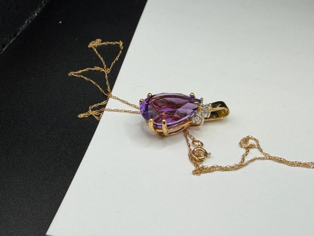 10K YELLOW GOLD PEARL CUT AMETHYST AND DIAMOND PENDANT NECKLACE - 4