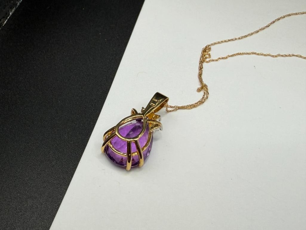 10K YELLOW GOLD PEARL CUT AMETHYST AND DIAMOND PENDANT NECKLACE - 5
