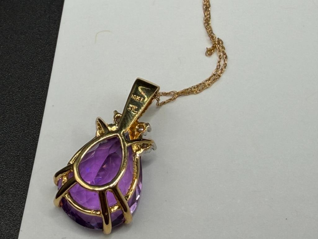10K YELLOW GOLD PEARL CUT AMETHYST AND DIAMOND PENDANT NECKLACE - 6